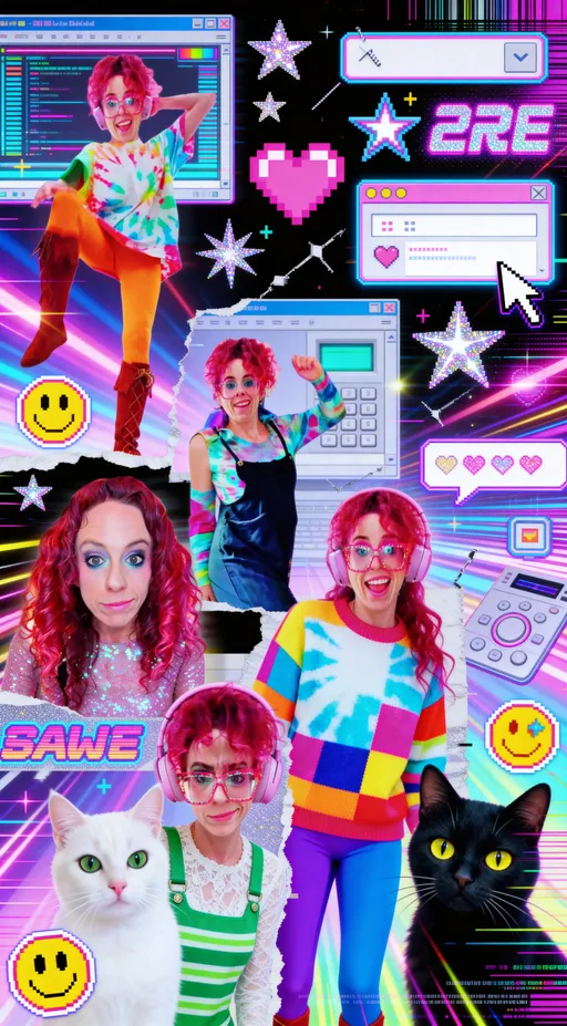Prompt: Chaotic, maximalist Y2K-inspired digital collage made out of all the reference images chaotically however you want to use them- exploding with early-internet nostalgia: hyper-saturated neon color palette (hot pink, electric blue, acid green, cyber purple), heavy pixelation, JPEG artifacts, scanlines, CRT glow, glitter gradients, lens flares, and blown-out highlights. Layered composition packed edge-to-edge with overlapping elements—pixel hearts, smiley faces, low-poly stars, dial-up UI windows, pop-up boxes, broken cursors, glitter text, chat bubbles, cyber stickers, distorted icons, retro emojis, and vaporwave patterns. Intentional visual noise: compression glitches, datamosh streaks, chromatic aberration, misaligned layers, rough cut-and-paste collage energy. Mix of 2D and faux-3D elements, skewed perspective, warped typography, animated-GIF-style motion blur frozen in time. Feels like a MySpace profile, Winamp skin, and early Flash website all colliding at once—messy, loud, playful, and overwhelming. High detail, maximal clutter, no empty space, bold contrast, joyful chaos, nostalgic internet overload aesthetic.