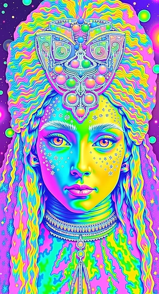 Prompt: Create a super hyperrealistic, finely detailed psychedelic Nouveau illustration of a Cosmic Jester. Feature the word MERRYPRANXTERworked organically into the background somehow.  This enchanting character is a merry prankster of the cosmos, an astral jokester dancing through time and space. She exudes a jester vibe, wearing feminine holographic jester attire & makeup with a feminine, harlequin twist. Not human, but humanoid, she is crafted from vibrant colored light, embodying an extra-dimensional extraterrestrial essence. Her presence is a beacon of joy, as she laughs and twirls through the cosmic astral realms, elevating vibes wherever she roams. 

Her beauty is otherworldly, with long, curly hair that shimmers like a cascade of colored light, appearing blonde yet transcending earthly hues. Her eyes sparkle with mischievous wisdom, and her attire is a dazzling array of intricate patterns and swirling colors, reminiscent of both jester garb and celestial phenomena.

Incorporate the text "the merrypranxter" above her in smaller, elegant lettering, seamlessly blending into the cosmic background. This text should capture the essence of her playful spirit, as if it were a whisper from the universe itself. The illustration should radiate her vibrant energy, portraying her as a timeless wanderer spreading joy and wonder throughout the cosmos.