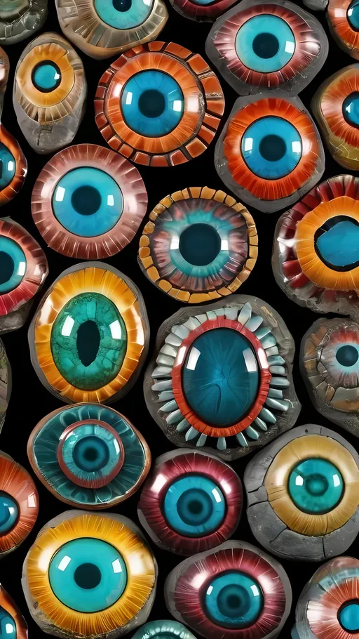 Prompt: Create an extremely hyper-realistic, ultra super textural, weird, trippy, surreal, psychedelic eyes/teeth/mouth pattern/design based on "Rhodobacter sphaeroides", with lots of human eyes (crazy colorful compound psychedelic), rows of human teeth, human lips, and tongues. 

- **Colors**: determined by the properties and expressions of the elements (& their isotopes), minerals, and metals: Chrysocolla, copper, silicon, hematite,  “Rhodobacter sphaeroides”

**Shapes and forms**
- "Rhodobacter sphaeroides"
-other shapes determined by the natural properties and expressions of the elements (& their isotopes), minerals, metals, and biological organisms: Chrysocolla, copper, hematite

- **Textures**: Derived from any/all elements (& their isotopes), minerals, metals, crystals, organic things mentioned in this prompt:"Rhodobacter sphaeroides",  Chrysocolla, copper, hematite

**Composition and Layout**:
- a pattern/design based on "Rhodobacter sphaeroides"

**Lighting**:
- Lots of bright light
- zoomed out

**Detail and Atmosphere**:
- Extreme hyperrealistic sharp high detail high definition organic and mineral textures
- Psychedelic, weird, odd, surreal atmosphere
- Frozen in time

**Additional Elements**:
- "Rhodobacter sphaeroides", extra rows of teeth, lips, many eyes

