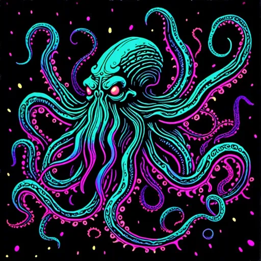 Prompt: <mymodel>Vintage 70s black light poster of Cthulhu in photorealism, Cthulhu at R'lyeh, tribal primal style, realistic tentacles, Lovecraftian horror, eerie atmosphere, intricate details, photorealistic cosmic background, high quality, detailed texture, black light art, vintage, 70s, Cthulhu, R'lyeh, tribal, primal, photorealism, Lovecraftian, eerie atmosphere, detailed, cosmic, realistic, eldritch, noneuclidean geometry, idol