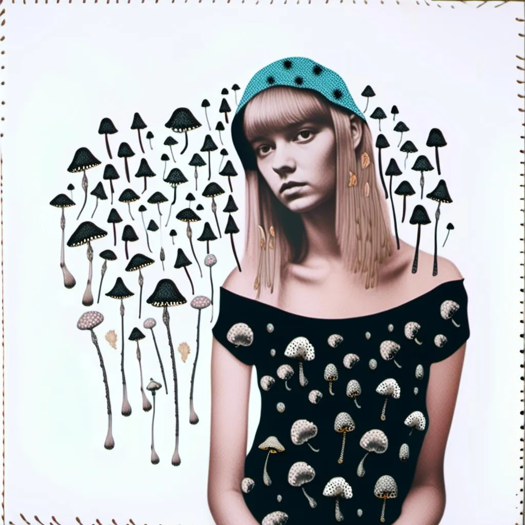 Prompt: a mixed media collage of a girl wearing or growing mushrooms/fungus as clothing body parts and accessories. She is a black and white or halftone photograph, the mushrooms and fungal growths are to be mixed media, including but not limited to paint, enamel, foils, glitter, sparkle, sequins, found objects, natural items, rhinestones etc <mymodel>