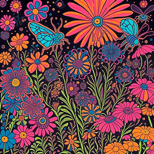 Prompt: <mymodel>Psychedelic poster art illustration of wildflowers & insects, vibrant colors, detailed floral patterns, surreal insect designs, high quality, detailed, poster art, vibrant colors, wildflowers, insects, psychedelic, floral patterns, surreal, high contrast lighting, detailed illustration
