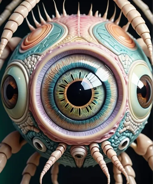 Prompt: A surreal extremely hyper realistic super textural psychedelic geometric eyeball creature with insect wings, pastel light colors,  lots of crazy trippy psychedelic human eyes, human teeth, organic and mechanical, multidimensional, weird surreal unsettling odd