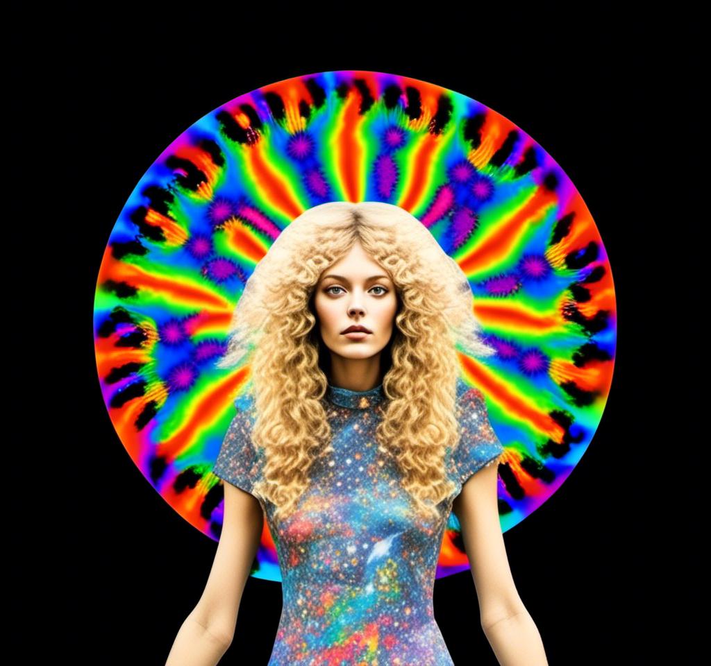 Prompt: A psychedelic collage featuring a photograph of a woman with blond curly long hair. The photo is cut and spliced with other photos and drawings of aliens, UFOs, rainbow spectrums are erupting from places, planets, stars, landscapes, and sparkles set amidst optical illusions of all kinds in geometric shapes giving an otherworldly surreal bizarre ufo alien effect to this psychedelic collage <mymodel>