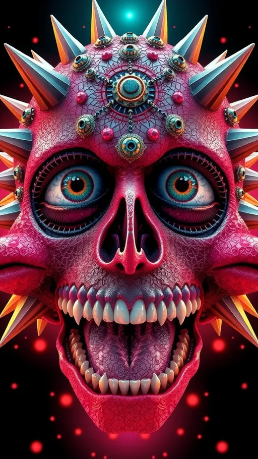 Prompt: Create an extremely hyper-realistic, ultra super textural, weird, trippy, surreal, psychedelic eyes/teeth/mouth creature/entity based on “metatron’s cube” with lots of human eyes (crazy colorful compound psychedelic), rows of human teeth, human lips, and tongues. 

- **Colors**: determined by the properties and expressions of the elements (& their isotopes), minerals, and metals: Nickel (Ni), Aventurine, Chrysoberyl

**Shapes and forms**
- “Metatron's Cube”
-other shapes determined by the natural properties and expressions of the elements (& their isotopes), minerals, metals, and biological organisms: diatoms, Nickel (Ni), Aventurine, Chrysoberyl


- **Textures**: Derived from any/all elements (& their isotopes), minerals, metals, crystals, organic things mentioned in this prompt: “Metatron's Cube” Nickel (Ni), Aventurine, Chrysoberyl

**Composition and Layout**:
- a pattern/design based on the “Metatron's Cube”

**Lighting**lots and lots of bright shining reflective light
- Trichroism


**Detail and Atmosphere**:
- Extreme hyperrealistic sharp high detail high definition organic and mineral textures
- Psychedelic, weird, odd, surreal atmosphere
- Frozen in time

**Additional Elements**:
- extra rows of teeth, lips, many eyes, diatoms, “Metatron's Cube” , Aventurescence, Chatoyancy
