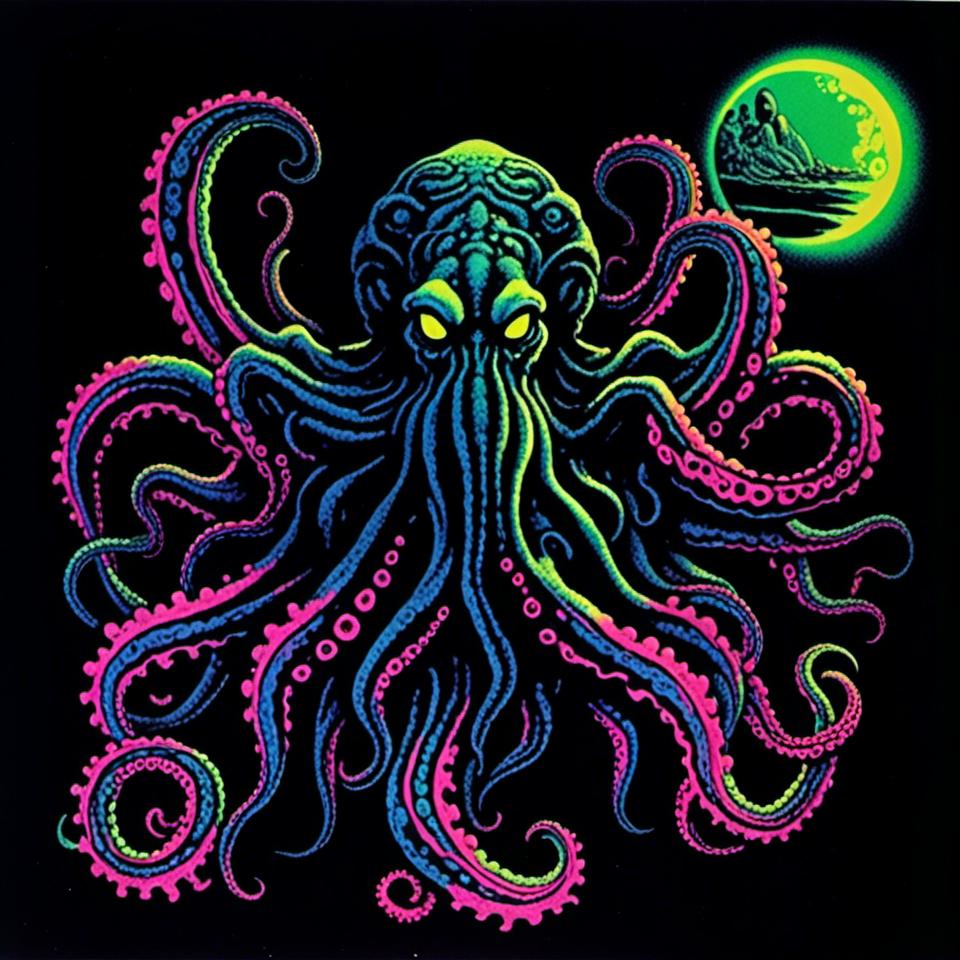 Prompt: <mymodel>Vintage 70s black light poster of Cthulhu in photorealism, Cthulhu at R'lyeh, tribal primal style, realistic tentacles, Lovecraftian horror, eerie atmosphere, intricate details, photorealistic cosmic background, high quality, detailed texture, black light art, vintage, 70s, Cthulhu, R'lyeh, tribal, primal, photorealism, Lovecraftian, eerie atmosphere, detailed, cosmic, realistic, eldritch, noneuclidean geometry, idol