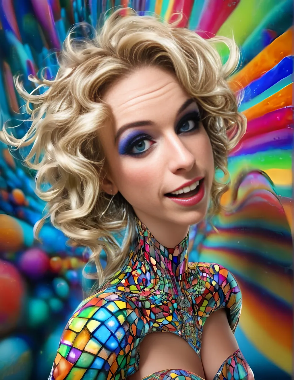 Prompt: a psychedelic hallucination of a female with long blond curly hair modeling avant Garde fashions accessories and makeup created directly out of multidimensional geometry fractals, hypercubes, non Euclidean geometry, psychedelic fashion halucinations 