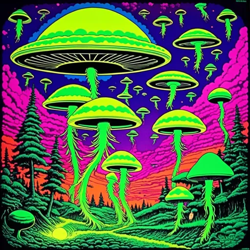 Prompt: <mymodel>Vintage 70s black light poster of little green men, smoking joints, alien landscape, UFO flying saucers, psilocybin cubensis mushrooms, vibrant trippy colors, neon purple and green, detailed psychedelic patterns, high quality, retro, black light, vibrant colors, detailed aliens, surreal landscape, psychedelic, smoking joints, UFO flying saucers, vintage poster, 70s aesthetic, vibrant neon, alien mushrooms, vibrant night sky