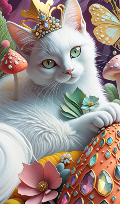 Prompt: <mymodel>White cat princess with flowers and mushrooms, digital painting, pastel colors, fantasy, detailed fur with soft highlights, elegant and regal posture, magical forest setting, high quality, fantasy, digital painting, pastel colors, princess, elegant, detailed fur, magical, regal, flowers, mushrooms, fantasy setting, high quality