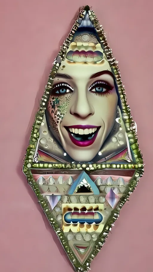 Prompt: an extremely hyper realistic ultra super textural weird trippy surreal psychedelic entity, Sierpinski Triangle, ,,, translucent, white, pearlescent finish, inlaid opal, glittering crystal accents, silver, pyrite, quartz,, chrome, bright vivid teals, blues, pinks/yellows/greens,purples,  lots and lots of light, lots of crazy colorful compound psychedelic human eyes, rows of human teeth, human lips, tongues, fungus,  atoms, diatoms, diatomic, algae, bryozoans, Sierpinski Triangle, extreme high definition organic and mineral textures