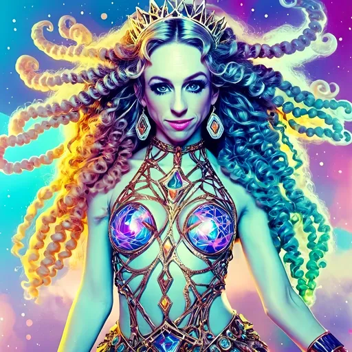 Prompt:  
"A radiant astral being with long wild curly hair dressed in avant-garde, iridescent clothing and accessories made entirely of sparkling light and fractals. The figure is glowing with cosmic energy, wearing an elaborate outfit that defies earthly fashion: flowing, asymmetrical designs with sharp angles and soft curves, crafted from swirling, colorful fractal patterns and shimmering, translucent light. The clothing features intricate details of kaleidoscopic geometry, glowing opalescent textures, and holographic accents that pulse with energy. Accessories include a bold, fractal crown or headpiece that radiates celestial light, statement earrings made of cascading star-like particles, and layered bracelets that refract into infinite rainbows. The overall vibe is futuristic, surreal, and unapologetically avant-garde, blending elements of high fashion with psychedelic aesthetics. The background is a glowing astral plane with swirling nebulas, fractal clouds, and sparkling cosmic dust, enhancing the ethereal and otherworldly vibe."
