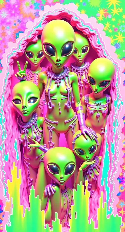 Prompt: **Trashy Cosmic Crew - AI Art Prompt**

Dive into a wild and lively scene featuring our iconic green-skinned alien babe, with her distinctive conical-shaped head and large, solid black almond-shaped eyes, alongside her rowdy extraterrestrial friends. They're striking edgy and playful poses, gesturing at the camera with cheeky irreverence amidst a chaotic backdrop filled with vibrant cosmic and psychedelic imagery.

Set the scene on an alien planet, where the landscapes are as gritty and raw as they are breathtaking. Include elements like rugged asteroids, mysterious moons, blazing suns, distant stars, and swirling nebulae, creating a rich tapestry of celestial wonders.

Add a touch of the surreal with cosmic rays and hints of the astral plane, weaving through the scene like electric currents. Black holes add a mysterious edge, while colorful psilocybin mushrooms and cannabis leaves appear throughout, adding a rebellious and psychedelic twist.

Incorporate lively details like hookahs and herbal rolls, as the alien crew enjoys their cosmic pastimes. The characters are decked out in bold, edgy outfits that scream attitude, with ripped fabrics, metallic accessories, and neon accents.

Let the scene be filled with a sense of carefree fun and camaraderie, as these intergalactic adventurers embrace the chaos of the moment. Capture their mischievous and playful expressions, making sure each character exudes their own unique brand of cosmic cool.

Balance hyperrealistic textures with a raw, artistic style, capturing the edgy and adventurous spirit of this cosmic gathering. Let the fine details and vibrant colors transport viewers into a realm where rebellion and the extraterrestrial collide, in a celebration of cosmic chaos and exploration. 🌌👽🔥

Let this prompt inspire a piece that's as dynamic and visually captivating as it is uniquely yours!