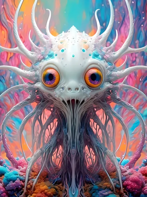 Prompt: <mymodel> an extremely hyper realistic super textural psychedelic entity/creature, trippy, weird, surreal, fractals, multidimensional geometric shapes, eyes, human teeth, lots of light, bright pastel colors, luminous, glowing, extremely textural, white, translucent, , silver, pastel rainbow oil slick sheen effect, moth antennae, melty drippy, extreme organic and metallic textures