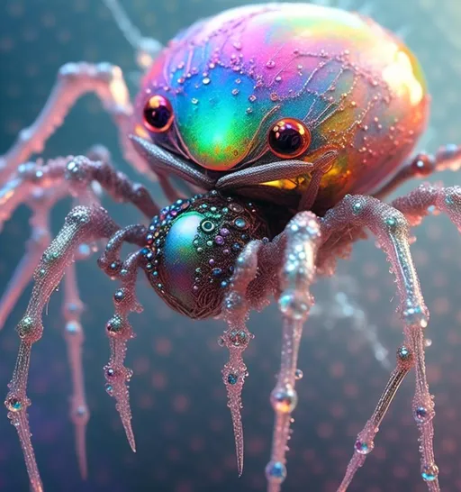 Prompt: <mymodel>extremely hyperrealistic extremely high textural beautiful female sentient spider entity, arachnid woman,8 eyes, humanoid, human woman with spider features, lots of light, extreme organic textures, white, translucent, bright pastel colors, oil slick rainbow sheen effect, silver, chrome, crystals, 
Arachnid, cephalothorax, abdomen, pedipalps, chelicerae, fangs, spinnerets, silk glands, book lungs, tracheae, 