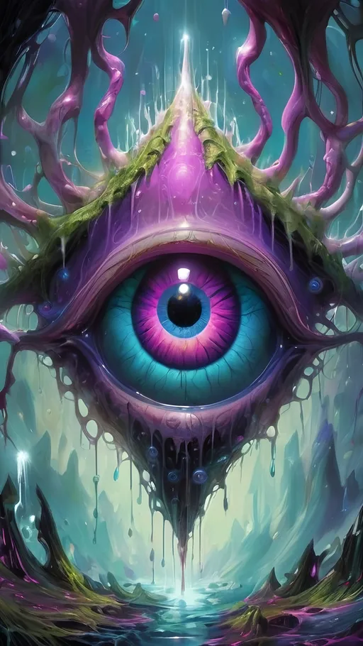 Prompt: Surreal psychedelic creature, entity, trippy, crazy inhuman eyes, multidimensional, fractal, noneuclidien geometries geometric shapes tesseracts, melting, drips, hyper dimensional, drippy, aura, alien, extraterrestrial, extra dimensional,bizarre, ineffable, numinous, counsciousness, strange, unnerving but beautiful, biolocal, mechanical, blobs, atoms, particals, eyes