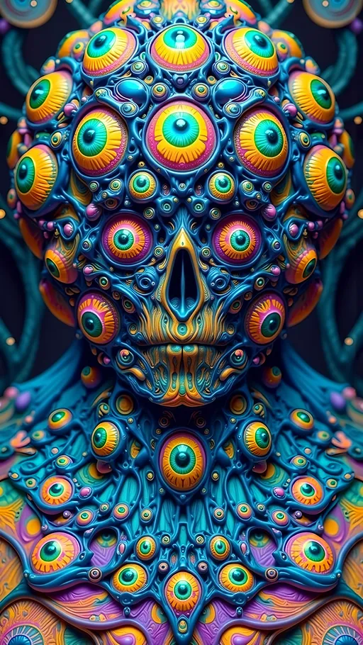 Prompt: An extremely super hyper detailed hyperrealistic weird surreal trippy psychedelic entity manifests, adorned with a multitude of psychedelic compound human eyes, arranged meticulously in a Fibonacci Spiral tiling pattern. These eyes, vibrant and entrancing, create a mesmerizing visual symphony. Rows upon rows of psychedelic teeth form a fractal-like pattern akin to the Mandelbrot Set, spiraling endlessly.

The entity's skin is a shimmering tapestry of iridescent Ammolite, displaying a spectrum of colors that shift with every movement. Interspersed are cubic Fluorite crystals in pale yellow, contrasting vividly with the backdrop. Swirling through its form are veins of Charoite, vivid purple strands weaving cosmic energy throughout its being.

On a microscopic level, Quantum Foam bubbles and fluctuates, giving the entity an ethereal, ever-changing appearance. Vibrating Quantum Strings hint at the fundamental nature of its existence, while Quantum Entanglement weaves an invisible web, linking its myriad parts in a dance of interconnectedness.

The background is a surreal landscape inspired by the Voronoi Tiling pattern, resembling an infinite cellular structure. The ground is a mosaic of royal blue Sodalite, with veins of white calcite creating a natural yet otherworldly pattern. Above, a sky of swirling Quantum Wave Functions paints a picture of potential realities, each wave a probability, each crest a possibility.

This entity embodies the fusion of mathematical precision and quantum chaos, a creation born from the abstract merging of natural, microscopic elements, minerals, and quantum phenomena, existing in a realm where reality and imagination blur into one.