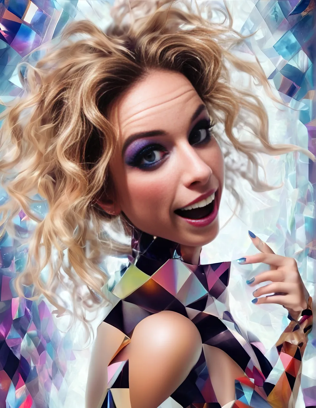 Prompt: a psychedelic hallucination of a female with long blond curly hair modeling avant Garde fashions accessories and makeup created directly out of multidimensional geometry fractals, hypercubes, non Euclidean geometry, psychedelic fashion halucinations 