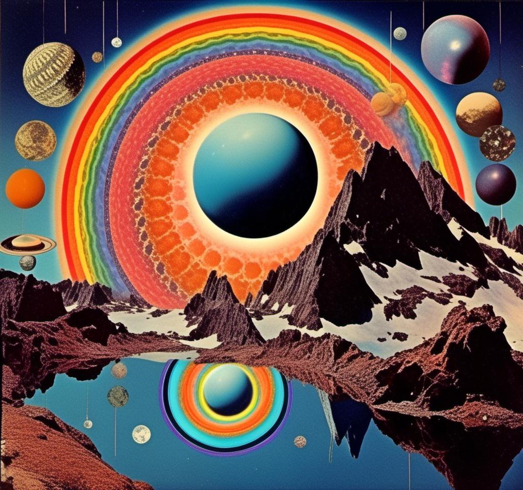 Prompt: A vintage 70s psychedelic collage with the theme “astral vacation”- incorporate themes of astral projection, the astral plane, the silver cord, use an astral brilliantly but sometimes muted opalescent color palette, & combine it all with planets, orbs, optical illusions and psychedelic trippy patterns, color spectrums as a surreal vintage psychedelic collage<mymodel>