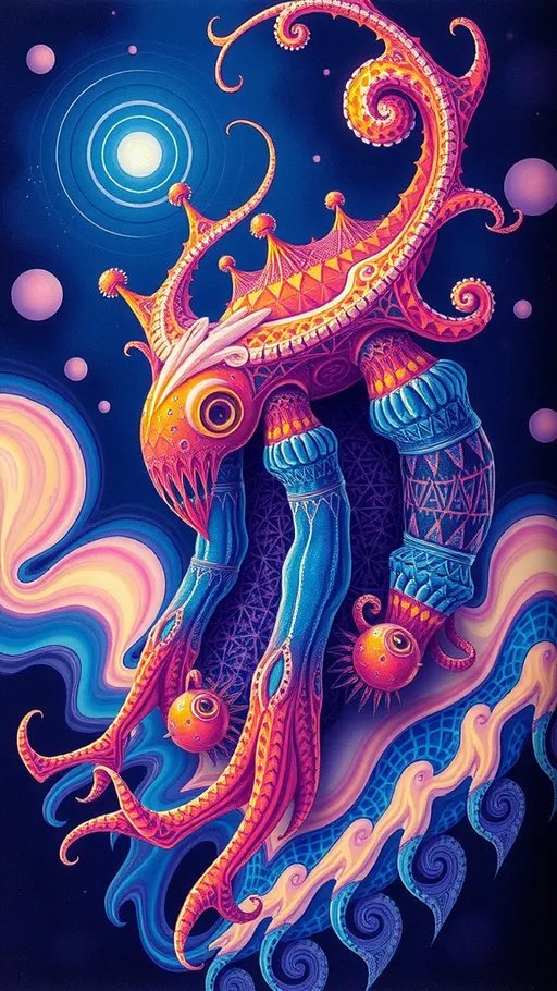 Prompt: A strange surreal interdimensional psychedelic entity/creature, made of fractal geometry, existing in many dimensions simultaneously, melting from one dimension to the next, phasing in and out of reality, inter dimensional fractal geometry come to life, psychedelic, trippy, weird, but beautiful, 