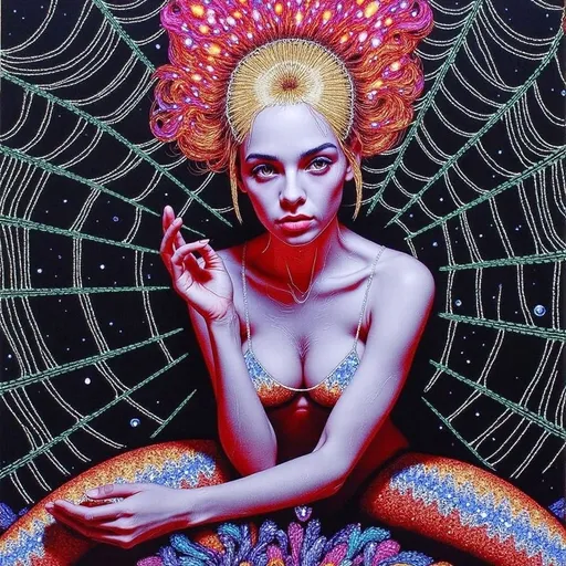 Prompt: **AI Art Prompt:**
An extremely super hyperrealistic ultra high definition super fine textured psychedelic creature called the "Arachnid Empress of the Eternal Threads."
**Creature Description:**  
The Arachnid Empress is a celestial hybrid of a spider and a goddess. Her upper body is a glowing woman with opalescent skin shifting in hues of gold, violet, and turquoise. Her long, wild, curly blond hair flows like a radiant river, streaked with neon pink and electric blue that ripple as if alive. Her lower half transforms into a crystalline spider with eight sleek, glowing legs etched with fractal patterns. Her abdomen is a swirling galaxy encased in a translucent shell, constellations glowing softly within. 
Her eight multifaceted eyes reflect infinite universes, each glowing in a different psychedelic hue. From her fingertips extend fine, shimmering threads of webbing, forming sacred geometric patterns in the air. She exudes both grace and cosmic power, as if she weaves the fabric of reality itself.
**Background Description:**  
The Empress dwells in an infinite, glowing web suspended in a kaleidoscopic void. The web shimmers with rainbow hues and fractal patterns, stretching endlessly in all directions. The void is a swirling sea of vibrant colors—electric greens, fiery oranges, and deep purples—dotted with floating orbs of light. Occasionally, bolts of energy ripple through the web, illuminating her in radiant light.
**Mood and Atmosphere:**  
The scene is hypnotic and divine, blending beauty and mystery. The glowing textures, vibrant colors, and intricate patterns create a sense of awe, as if the viewer is witnessing the cosmic weaver of existence.

