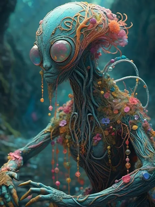 Prompt: <mymodel> an extremely hyperrealistic, ultra super textural psychedelic knowledge creature/monster/entity, ancient alien language, runes, carved written language in stone, bold bright pastel colors, lots of light, granite, gold, silver, copper, Thoth, writing, big exposed brain, neurons, synapses, electric, extreme organic/mineral/skin textures