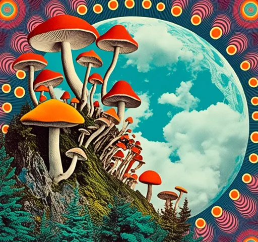 Prompt: <mymodel>Retro psychedelic collage of vibrant, 70s-inspired fungus, mushrooms, vibrant colors and patterns, surreal collage cut and paste composition, landscapes, trippy patterns, optical illusions, planets vintage analog texture, high quality, retro, psychedelic, vibrant colors, surreal, vintage, analog texture, detailed patterns, artistic