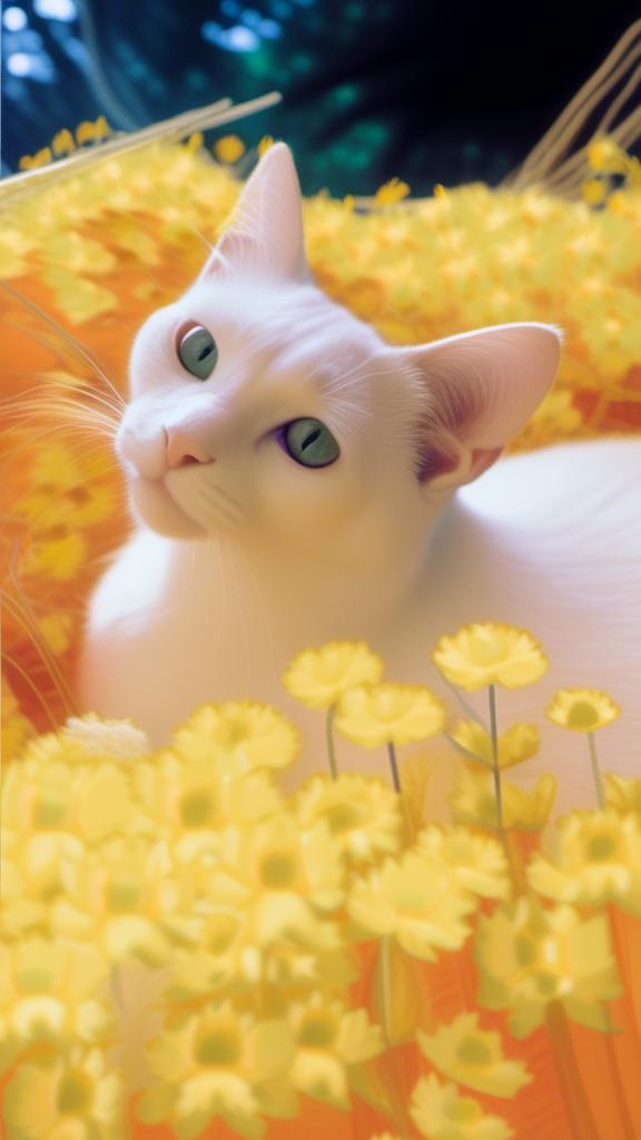 Prompt: <mymodel>White cat princess, wildflowers, mushrooms, pastel color palette, whimsical fantasy, detailed fur with soft texture, delicate floral crown, royal attire, surreal atmosphere, high quality, fantasy, pastel colors, detailed fur, whimsical, delicate details, royalty, surreal lighting