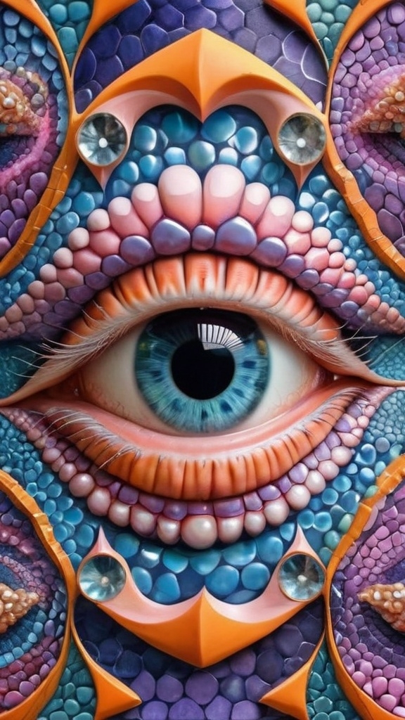 Prompt: Create an extremely hyper-realistic, ultra super textural, weird, trippy, surreal, psychedelic eyes/teeth/mouth pattern/design based on Triskelion & “Op Art tiling” with lots of human eyes (crazy colorful compound psychedelic), rows of human teeth, human lips, and tongues. 

- **Colors**: determined by the properties and expressions of the elements (& their isotopes), minerals, and metals: Helium (He), opal, moonstone, Kunzite, Fluorite, selenite, rose quartz, Palladium (Pd), “Fusarium verticillioides”

**Shapes and forms**
- Triskelion 
- "Op Art tiling" 
-other shapes determined by the natural properties and expressions of the elements (& their isotopes), minerals, metals, and biological organisms: Helium (He), opal, moonstone, Kunzite,  Fluorite, selenite, rose quartz,  Palladium (Pd), “Fusarium verticillioides”


- **Textures**: Derived from any/all elements (& their isotopes), minerals, metals, crystals, organic things mentioned in this prompt: Helium (He), opal, moonstone, Kunzite, Fluorite,  selenite, rose quartz, Palladium (Pd), “Fusarium verticillioides”

**Composition and Layout**:
- a pattern/design based on the Op Art tiling & Triskelion 

**Lighting**:
- lots of bright light
- Iridescence
- Aventurescence
- Chatoyancy
- Asterism

**Detail and Atmosphere**:
- Extreme hyperrealistic sharp high detail high definition organic and mineral textures
- Psychedelic, weird, odd, surreal atmosphere
- Frozen in time

**Additional Elements**:
- extra rows of teeth, lips, many eyes, Op Art tiling, Triskelion, Iridescence, Aventurescence, Chatoyancy
