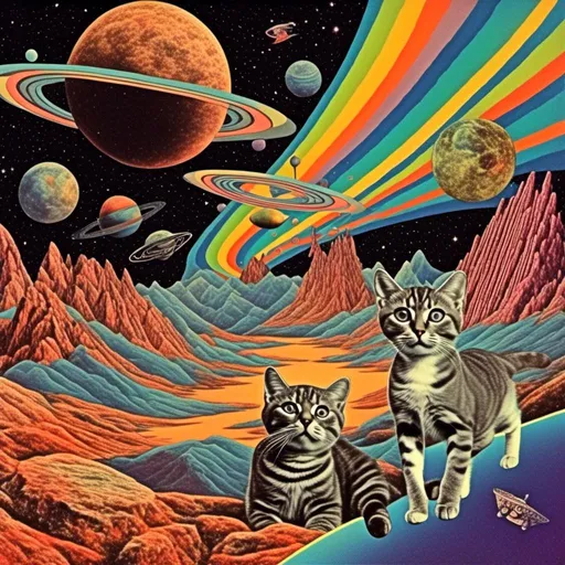 Prompt: a psychedelic collage with a vintage 70s sci-fi animation feel to it except the subject matter will be CATS IN SPACE! The collage will have elements of photography, illustration, trippy patterns and optical illusions, alien landscapes, strange trippy planets, UFOs,, meteors, all cut and spliced together in a psychedelic collage style <mymodel>