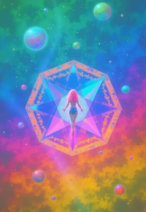 Prompt: A hyperdimensional light-being centered around a radiant rhombic dodecahedron, its crystalline facets alive with refracted rainbow light, floating in an astral void. Each face of the polyhedron channels iridescent filaments into expanding Penrose tilings, recursive golden spirals, and kaleidoscopic fractal rings. The geometry breathes with cosmic intelligence, a divine mechanism of sacred ratios and multidimensional flow. Within and around this structure, a faint feminine echo—slim, long wild pink curls—dissolves into light, barely perceptible, like a myth embedded in sacred code. The being’s presence is more vibration than form, integrated seamlessly into a mesh of rainbow circuits and holographic sacred motifs. Rendered in the surreal, textured style of La Planète Sauvage, with matte cel-shading, inked outlines, and organic dream-logic. The background features floating glyph-machines, metaphysical bioforms, and celestial glyphs orbiting in symbolic silence. Oil-slick iridescence ripples across all surfaces, accentuated with analog film grain. A visionary fusion of sacred geometry and surreal astral symbolism, where humanity exists only as a residual harmonic inside divine architecture.
— style: Cosmic Surrealism + La Planète Sauvage
— sacred geometry: Primary motif
— human reflection: Minimal archetypal trace
— oil-slick iridescence: Active
— analog grain: On
— chaotic surreal forms: Mild background presence