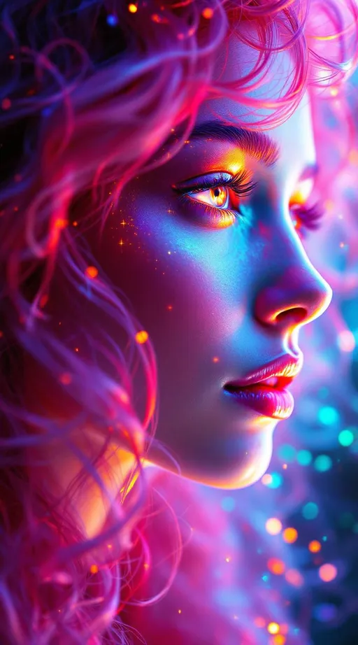 Prompt: Her face is a modular masterpiece—cheekbones traced with the shimmer of moonshine symmetry, every angle tuned to a hidden harmonic. Newton fractal veins glow faintly beneath translucent skin, shifting in color with each emotion. Her eyes burn with prime number fire, irises tiled in Penrose symmetry, blinking with curved light logic. Laughter echoes in Hilbert paths across her cheeks—space-filling joy spirals, soft and bright. Hair spills around her in radiant pink curls, styled by quasiperiodic forces and recursive wave equations—each strand flowing in luminous fractal tension. Geometry pulses at the hairline, recursive symbols glinting in neon mathdust. She is wrapped in hyperbolic aura-rings, layered in color-feedback like living topology, her presence refracting sacred math through joy, emotion, and colorfields.”

⸻

Visual Keywords:
Modular face symmetry, Newton glow skin, Penrose-tiled irises, Hilbert smile trails, pink recursive curls, fractal symbol halo, hyperbolic color aura, neon mathdust, prime fire eyes