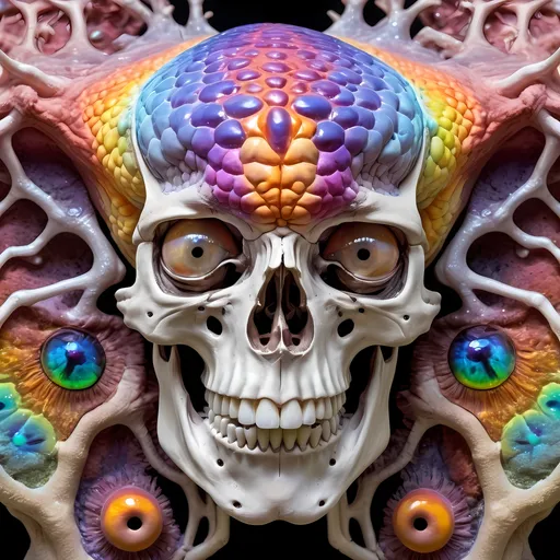 Prompt: Extremely hyperrealistic, ultra hypertextural psychedelic weird surreal hallucination entity creature, head, torso, geometric interdimensional tesseract, translucent white, bright pastel colors, swirling rainbow oil slick sheen effect, lots of light,  fungus, mushroom, lots of trippy crazy psychedelic human eyes, human teeth, brains, skin, metal, silver, chrome, leather, feathers, scales, fur,  Chromatophore, pigment cell, melanophore, iridophore, leucophore, xanthophore, erythrophore, cyanophore, pigment granules, melanin, carotenoids, pteridines, guanine crystals, reflective platelets, dermal chromatophore unit, pigment dispersion, pigment aggregation, color change, adaptive coloration, cryptic coloration, aposematic coloration, structural coloration, biochromes, photophores, neuromuscular control, hormonal control, neural activation, physiological color change, morphological color change, chromatophore expansion, chromatophore contraction, cellular signaling, light reflection, light absorption, light scattering, iridescence, bioluminescence, pigment synthesis, pigment degradation, chromatophore patterning, environmental adaptation, camouflage, signaling, communication, behavioral adaptation., extreme organic textures, metallic textures