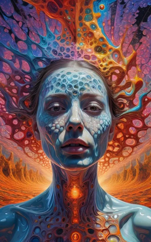 Prompt: Extreme psychedelic hyperrealism- Super high definition ultra textural Weird surreal depiction of ego death, woman melting into fractals, multidimensional geometric shapes, surrealism, detailed, highres, intense colors, eerie lighting, bizarre features, unsettling atmosphere, otherworldly, distorted proportions, mind-bending, dreamlike, abstract,, trippy psychedelic ultra detailed textures