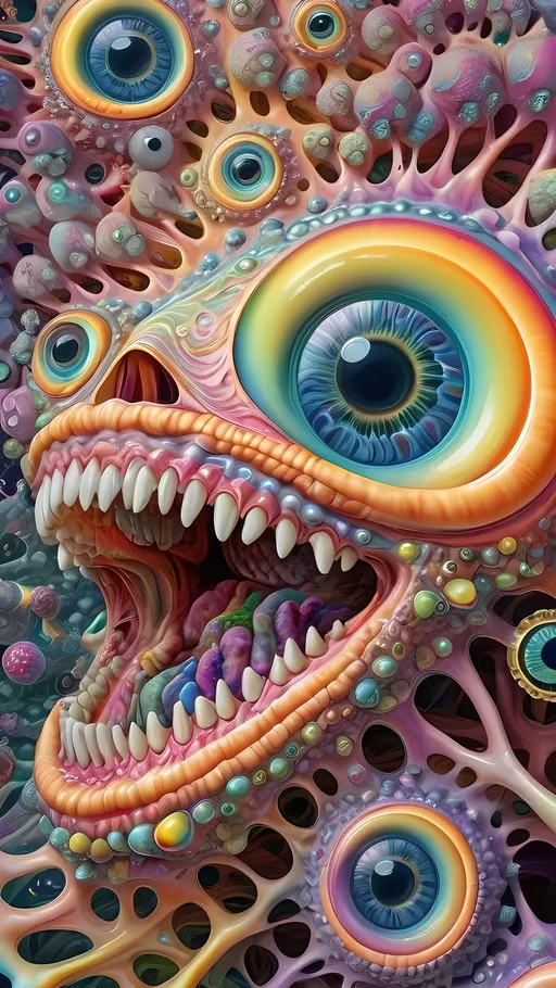 Prompt: an extremely hyper realistic ultra super textural weird trippy surreal psychedelic entity, gyroid structures, Phyllotactic Spirals, white, translucent, clear, bright bright pastel colors, oil slick rainbow sheen effect, lots and lots of light, lots of crazy colorful compound psychedelic human eyes, rows of human teeth, fungus, atoms, diatoms, gyroid structures, Phyllotactic Spirals