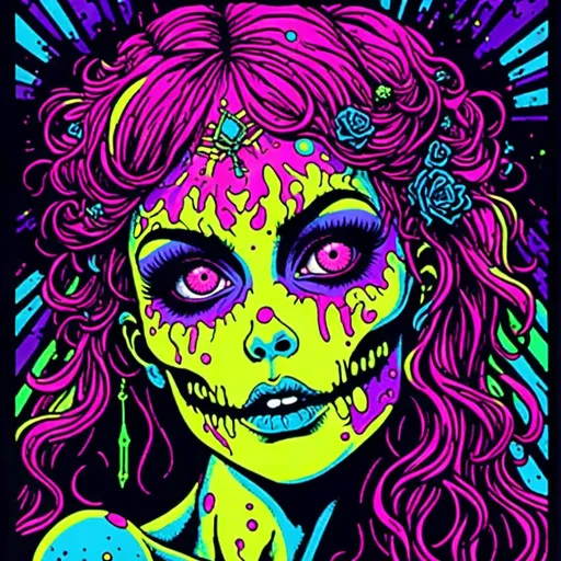 Prompt: <mymodel>70s black light poster, retro punk zombie babe, vibrant oooze, psychedelic, high quality, vector illustration, retro, punk, zombie, vibrant colors, neon lighting, oozing details, vintage, psychedelic art, retro fashion, glow effects, detailed hair, mesmerizing eyes