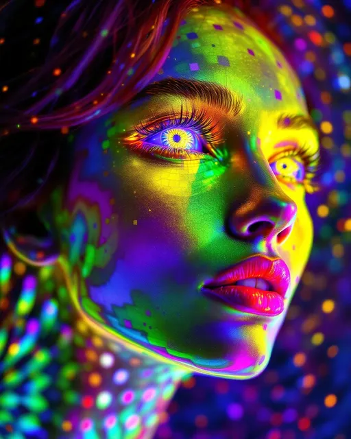Prompt: A woman’s face composed of recursive fractal rainbow light—hyper-saturated with ultraviolet, laser gold, neon pink, iridescent greens, and cosmic chrome—emerges from a holographic light-sheet embedded within a noncommutative toroidal grid. Her skin follows the glyph-toroid lattice, a Mobius-folded surface where recursive distortions spiral through angular logic-channels. Each loop echoes identity through mirrored symmetry violations. Her eyes, twin disco balls of topological echo, now reflect the grid’s inner torus—rotating reverse-space glyphs on endless mirrored curvature; her pupils shimmer with conformal inversion glyphs mapped to grid nodes.

Her hair cascades through mirrored dimension logic, each strand a stream through toroidal warp-mesh, bending through impossible topology. Lips gleam like Klein bottles glossed in angle-mapped light refraction. She floats within a recursive Studio 54 built inside the inner coil of the GRID_5 field—a velvet black twistspace governed by glyph-rings, each bubble a mirrored loop of her, spiraling across noncommutative mirror logic.

Surrounding her spiral multidimensional mandalas of chromatic reversal—mirror-vein spirals nested along the toroidal arcs, identity-twist caustics, Mobius-glam halos—each structured by the GRID_5 constraints. The space pulses with identity rave rhythms: logic-loop beats, inversion grooves, reflection-dance steps bound to glyph-turn topology.

Render with tags:
:topology-glam :identity-flux :mirror-math :mobius-glitz :recursive-glamour :studio54-wormhole :angle-encoded :logic-fold :symbolic-saturation :grid5-torusfield :glyph-mapped-space
