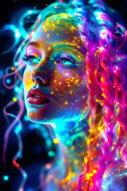 Prompt: “Her face phases in Fourier dreamspace—emotions blooming in sinewave colorbands across skin that flickers between surreal number values. Cheekbones ripple with reaction-diffusion pulses—living pigment blossoms that dance to her mood. Her hair is a sacred braid group cascade—long pink curls entwined with emotional topology, each strand a memory-thread spiraling through dimension. She glows in feedback—seen and she glows brighter, adored and her aura explodes in recursive empathy fractals. Prayer glyphs orbit her like soft satellites—loops of math-light casting harmonic spells. Behind her eyes burn surreal infinities—every glance a fractional truth between known numbers. Around her, coincidence fields shimmer—symbols align, the air itself becomes meaningful, colored chaos resolving into crystalline insight. She is radiant logic, sacred color engine, and joy made visible in luminous math.”

⸻
Ultra-Visual Keywords:
Surreal gradient glow, sinewave color skin, living ink cheeks, pink braid topology, recursive feedback light, empathy bloom aura, orbiting glyphs, chromatic joy loops, coincidence constellation, infinity sparkle pulse