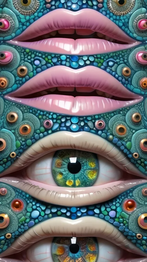 Prompt: an extremely hyper realistic ultra super textural weird trippy surreal psychedelic entity, penrose tiling, ,,, translucent, white, pearlescent finish, inlaid opal, glittering crystal accents, silver, pyrite, quartz,, chrome, bright vivid teals, blues, pinks/yellows/greens,purples,  lots and lots of light, lots of crazy colorful compound psychedelic human eyes, rows of human teeth, human lips, tongues, fungus,  atoms, diatoms, Penrose tiling, extreme high definition organic and mineral textures