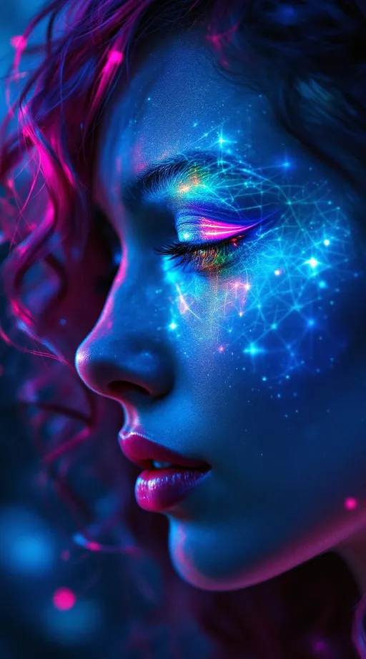 Prompt: Her face is a modular masterpiece—cheekbones traced with the shimmer of moonshine symmetry, every angle tuned to a hidden harmonic. Newton fractal veins glow faintly beneath translucent skin, shifting in color with each emotion. Her eyes burn with prime number fire, irises tiled in Penrose symmetry, blinking with curved light logic. Laughter echoes in Hilbert paths across her cheeks—space-filling joy spirals, soft and bright. Hair spills around her in radiant pink curls, styled by quasiperiodic forces and recursive wave equations—each strand flowing in luminous fractal tension. Geometry pulses at the hairline, recursive symbols glinting in neon mathdust. She is wrapped in hyperbolic aura-rings, layered in color-feedback like living topology, her presence refracting sacred math through joy, emotion, and colorfields.”

⸻

Visual Keywords:
Modular face symmetry, Newton glow skin, Penrose-tiled irises, Hilbert smile trails, pink recursive curls, fractal symbol halo, hyperbolic color aura, neon mathdust, prime fire eyes