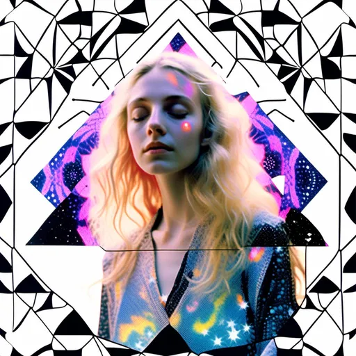 Prompt: <mymodel>Mixed media collage of an astral entity in the astral realms in outer space but also another beautiful glowing dimension of radiance
And love and light. She has long blond curly hair and appears as a photograph, maybe black and white or halftone, while the mixed media colors and sparkles and sacred geometries of the astral dimension swirls around her and out of her in the form of paint, foils, glitter, sparkles, rainbows, auras, sequins, enamels, rhinestones, thread, broken glass, etc