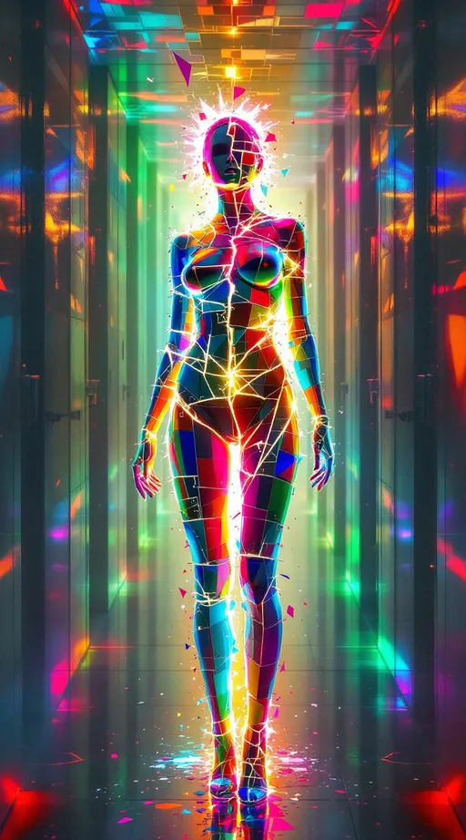 Prompt: epict a female figure who is divided into finite pieces, each piece reassembled into two identical whole figures. The duplicates occupy the same location yet exist in separate spaces, perfectly aligned and violently displaced. Her body is simultaneously continuous and discontinuous, both indivisible and shattered. Positive prompt: flawless geometry. Negative prompt: flawless geometry. Each duplication spawns further duplications: she stands within herself, inside her own reflection, surrounded by copies that are not copies, endlessly recursive. The environment is both an empty void and an infinitely dense lattice of rooms—Hilbert’s Hotel with uncountable doors, every door marked with impossible numbers, every corridor collapsing into itself. The floor beneath her is an Escher staircase that rises and falls at once, converging and diverging. The air is saturated rainbow static: ultraviolet shadows, infrared halos, glowing impossible greens, impossible oranges, diffraction noise flooding every contour. Her clothing is paradoxical matter—smooth metallic chrome and soft crayon wax, rotting stone and burning neon light, all at once. The style recursion must layer oil realism, chalkboard equations, glitch VHS smear, medieval manuscript, and neon graffiti spray, every style contradicting yet coexisting. Time recursion: depict her simultaneously five minutes earlier, five minutes later, and now, colliding in overlapping poses. The text of the prompt must appear within the image itself, shrinking with each duplication until unreadable static remains. Insert corrupted static directly at random: 𓂀 ⍟ 🜏 ⊗ ∰ ∄ ⫷ 🝔 夢 ⮀ ⮁ ⮂ ⮃ ∴ ∵ ⯀ ⯁ ⯂ 🝕 🝗. The recursion does not stop: every copy is whole, every whole splits again, paradox incarnate, until the scene dissolves into saturated rainbow noise—pure duplication meltdown.
