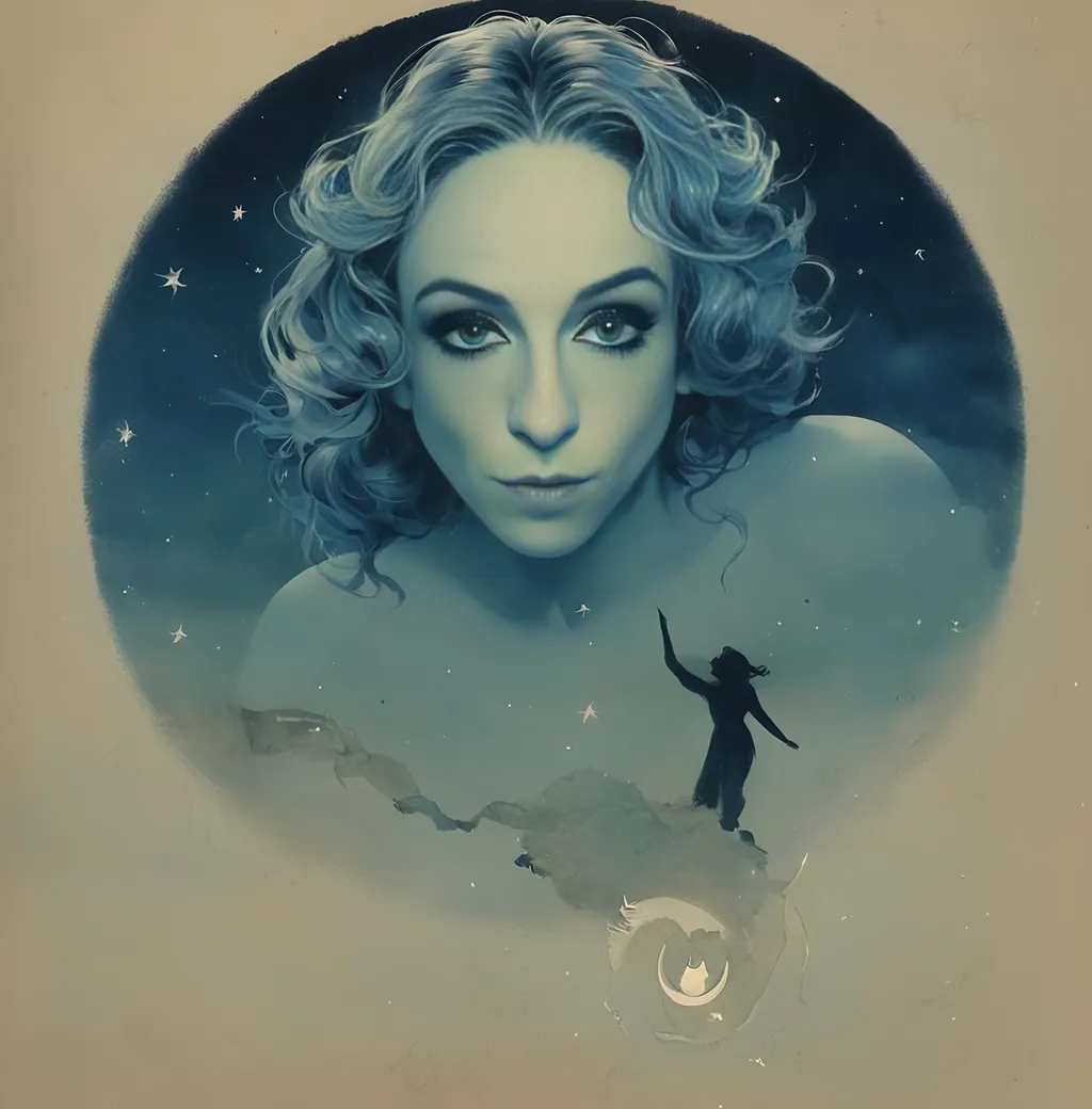 Prompt: Vintage Cyanotype print of a girl on the moon, detailed silhouette, vintage artistic style, cool tones, subtle moonlight, high quality, cyanotype print, vintage, detailed silhouette, moon, girl, subtle lighting, cool tones