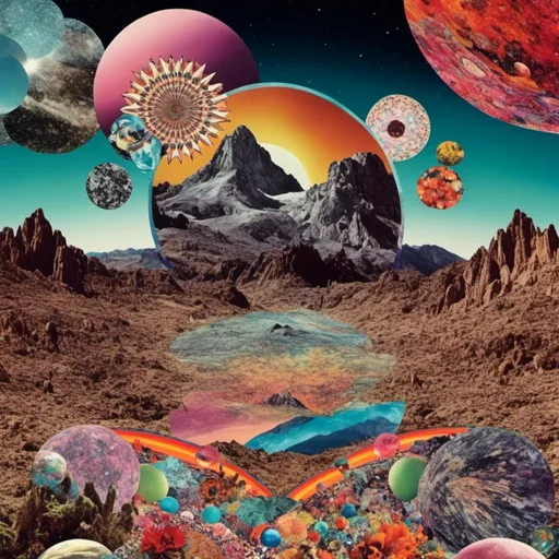 Prompt: <mymodel>surreal Psychedelic collage of spliced photographs, mushrooms, crystals, alien landscapes, desert landscapes, mountain landscapes, space, planets, orbs, psychedelic patterns, geometric shapes, optical illusions, highres, ultra-detailed, surreal, psychedelic, vibrant colors, cosmic, intricate details, surrealistic, dreamy lighting