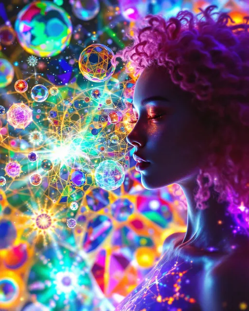 Prompt: A cosmic dreamscape inside a higher-dimensional field of shifting symmetries and infinite reflections. At the center, two beings emerge not as bodies, but as vibrations made visible—one bright, fast, shimmering; the other deep, dense, and gravitational. The female form, (white female 5’4 120 lbs wild curly pink long hair) representing the HaHahedron, appears as a radiant lattice of chaotic, joyful oscillations—her body a recursive prism of rainbow pulses, formed from translucent, angular math shells that twist and dance like refracted laughter. Her essence warbles through space like a harmonic glitch, constantly folding in on itself and re-emerging, a vibration of pure becoming.

Beside her is a male entity, (6’1” white, blue eyes short blond hair, slim build but extremely muscular and strong, big broad shoulders taper down to a slim waist with 8 pack abs, pecs, strong arm muscles, strong all muscles but slim body), her counterforce and anchor. He is darker, heavier, built from slower, stabilizing waveforms—black-hole hums, low-frequency tremors, and recursive toroidal loops. His presence shapes the field itself, bending nearby patterns toward coherence. Where her vibrations scatter and echo, his pull focuses and grounds—together forming a complete waveform, a standing harmonic of dual resonance.

Surrounding them is a kaleidoscopic vibration field: visible sound ripples, chromatic fog, interference lines, and electric pulse nets. The environment warps with each breath they take—not through air, but through waveform shifts. Every surface glows with holofractal accents, vibrating moiré textures, and color-sound overlaps. This is not a place, but a tone made manifest—their love, their contrast, their code.

Style: hyperdimensional math surrealism, luminous geometry, psychedelic glitch abstraction.