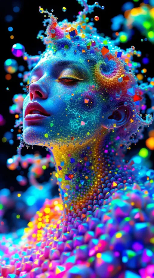 Prompt: Render a female fractal entity composed of recursive rainbow geometries, her form constantly blooming and collapsing in kaleidoscopic layers. Her body is a living Mandelbrot cascade, each limb fractally subdividing into glimmering shards of rainbow light. She is born of a holofractal disco-dimension where space curves like a spinning mirror-ball and time spirals in recursive loops, echoing to the eternal pulse of a 1970s Studio 54 beat. Her skin refracts time, glittering with every possible moment reflected infinitely across crystalline facets. The background is a hyperdimensional disco fractal, merging Euclidean and curved holographic symmetries. Clothing is recursive: iridescent patterns of hexagonal tiling resembling Menger sponges, animated by syncopated light pulses.”