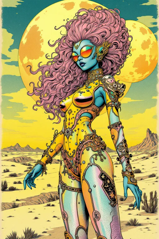 Prompt: A babelicious retrofuturistic space babe stands on the sun-bleached dunes of an alien desert world, two oversized moons glowing in the hazy sky behind her. She’s radiant and defiant, rendered in a richly illustrated retrofuturist style—part La Planète Sauvage etching, part psychedelic poster collage. Every contour is inked with soft black lines and stippled shadows, colors glowing in holofractal iridescence.

Her long, curly pink hair bursts upward in a high, sculptural style—like Martian bubblegum coils wound in gravity-defying retro swoops, dotted with chrome pins and tiny alien charms. She wears form-fitting holofractal armor, textured like liquid chrome and etched with sacred-glitch symbols that shimmer in moving rainbow waves. Instead of hearts, her armor features whimsical decorative glyphs: tangled love-stars, laughing loops, and comet-burst sigils that pulse with weird joy.

In one hand, she casually wields a vintage-style raygun, its handle clear like crystal, its barrel glowing with alien circuitry. From its tip blasts a stream of electric rainbow geometry—sparkling fractal snowflakes, radiant prisms, interlocking Platonic solids in motion. These shapes scatter into the wind like confetti from a fourth-dimensional celebration, casting soft shadows across the dunes and her own armor.

The entire image is stylized as a collage of illustrated analog textures—grainy retro color overlays, halftone patterns, print shift misalignments—giving it the feel of a lost pulp sci-fi page torn from the back of time and taped together with dream logic.

Art style: retrofuturist analog sci-fi illustration blended with La Planète Sauvage aesthetics, psychedelic collage techniques
Color palette: radiant iridescent holofractals, muted desert pastels, jet black illusion lines, popping electric rainbows
Mood: cosmic diva energy, playfully apocalyptic; like if Lisa Frank got recruited by a 1970s French animation studio and handed a glitter gun.
