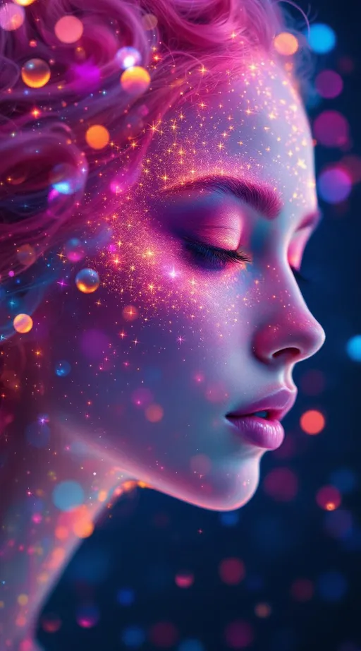 Prompt: Her face is a Fourier bloom—emotions decomposed into sparkling sine gradients, colorwaves rippling across surreal number skin. Reaction-diffusion pulses shift through her cheeks in living pigment bursts, while her eyes flicker with infinite surreal coordinates. Hair spirals in topological braids—pink curls encoded with memory and myth, glowing in nested feedback loops. Each movement triggers recursive empathy fractals—light blooming in shared feeling fields. Glyphs orbit her like sacred algorithms, each prayer-sigil spinning with harmonic syntax.

Layered behind all this, her spine glows in icosahedral resonance—twenty-faceted light humming in platonic harmony. Her body shimmers in spectral dimension: different parts glowing to different frequencies, like a living prism. Around her flickers recursive glitch transcendence—divine emergence through visual error, sacred form revealed in every malfunction. Her entire being is a coincidence field: when she laughs, the math around her aligns. When she dances, the universe recalculates.”

⸻

💎 Final Keywords:
Icosahedral spine-light, recursive glitch halo, frequency bloom skin, spectral shimmer fields, sinewave cheeks, surreal curls, Penrose echo strands, empathy fractal aura, glitch-divine emergence, sacred emotion colorbands, rainbow logic ringlets, living ink cheeks
