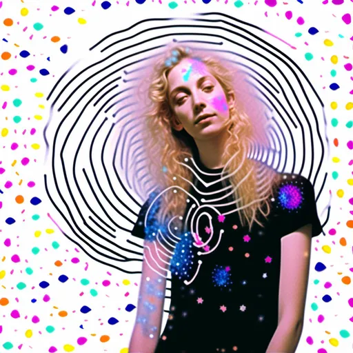 Prompt: <mymodel>Mixed media collage of an astral entity in the astral realms in outer space but also another beautiful glowing dimension of radiance
And love and light. She has long blond curly hair and appears as a photograph, maybe black and white or halftone, while the mixed media colors and sparkles and sacred geometries of the astral dimension swirls around her and out of her in the form of paint, foils, glitter, sparkles, rainbows, auras, sequins, enamels, rhinestones, thread, broken glass, etc