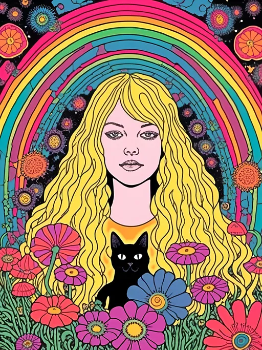 Prompt: <mymodel>Psychedelic poster illustration of a girl with long, curly blond hair, solid black cat, trippy mushrooms, wildflowers, vibrant colors, high-quality, poster art, surreal, detailed hair, psychedelic, detailed cat, colorful, vibrant, surreal, professional lighting