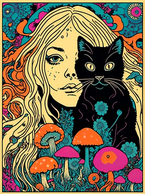 Prompt: <mymodel>Psychedelic poster illustration of a girl with long, curly blond hair, solid black cat, trippy mushrooms, wildflowers, vibrant colors, high-quality, poster art, surreal, detailed hair, psychedelic, detailed cat, colorful, vibrant, surreal, professional lighting